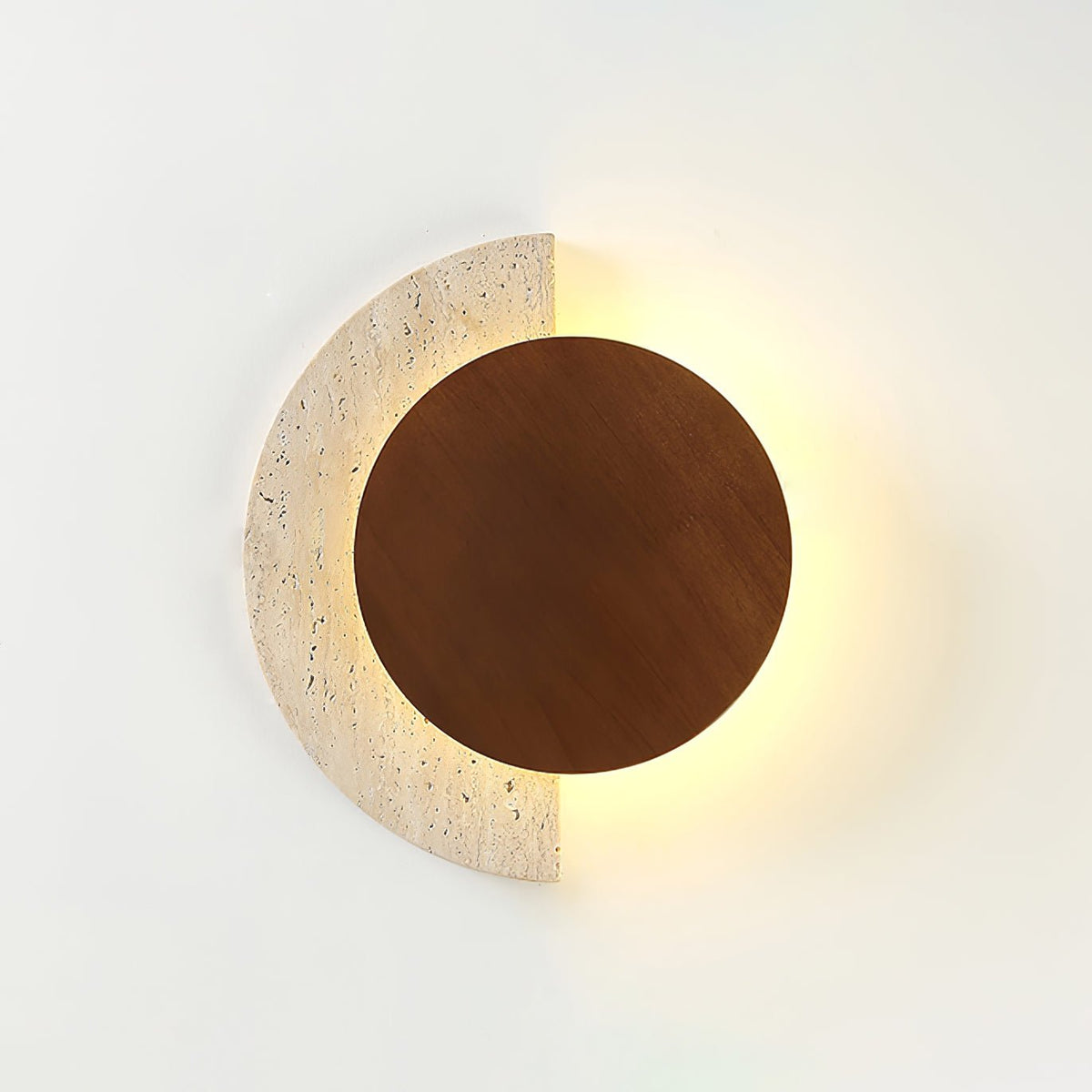 Crescent Halo Plug-In Wall Sconce in Natural Travertine and Wood