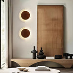 Crescent Halo Plug-In Wall Sconce in Natural Travertine and Wood