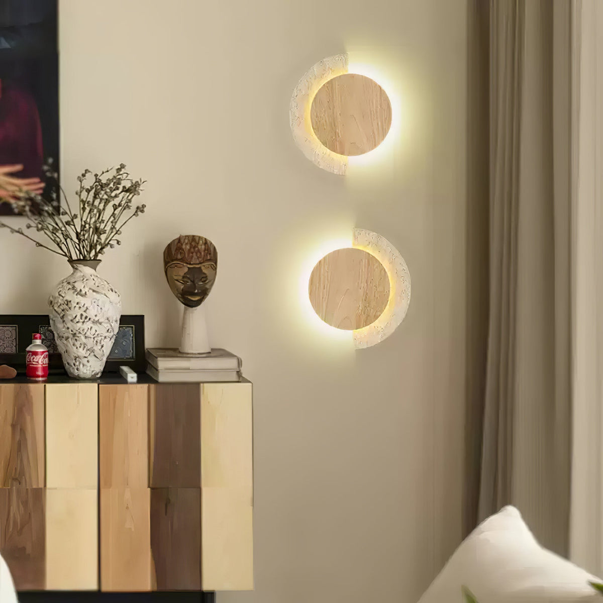Crescent Halo Plug-In Wall Sconce in Natural Travertine and Wood