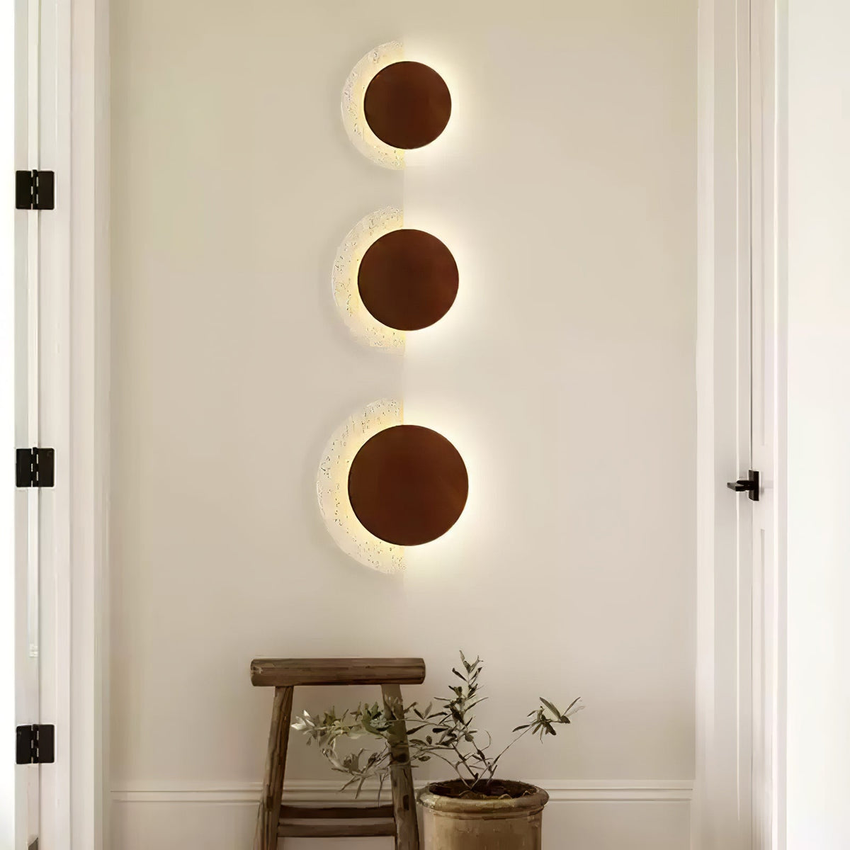 Crescent Halo Plug-In Wall Sconce in Natural Travertine and Wood