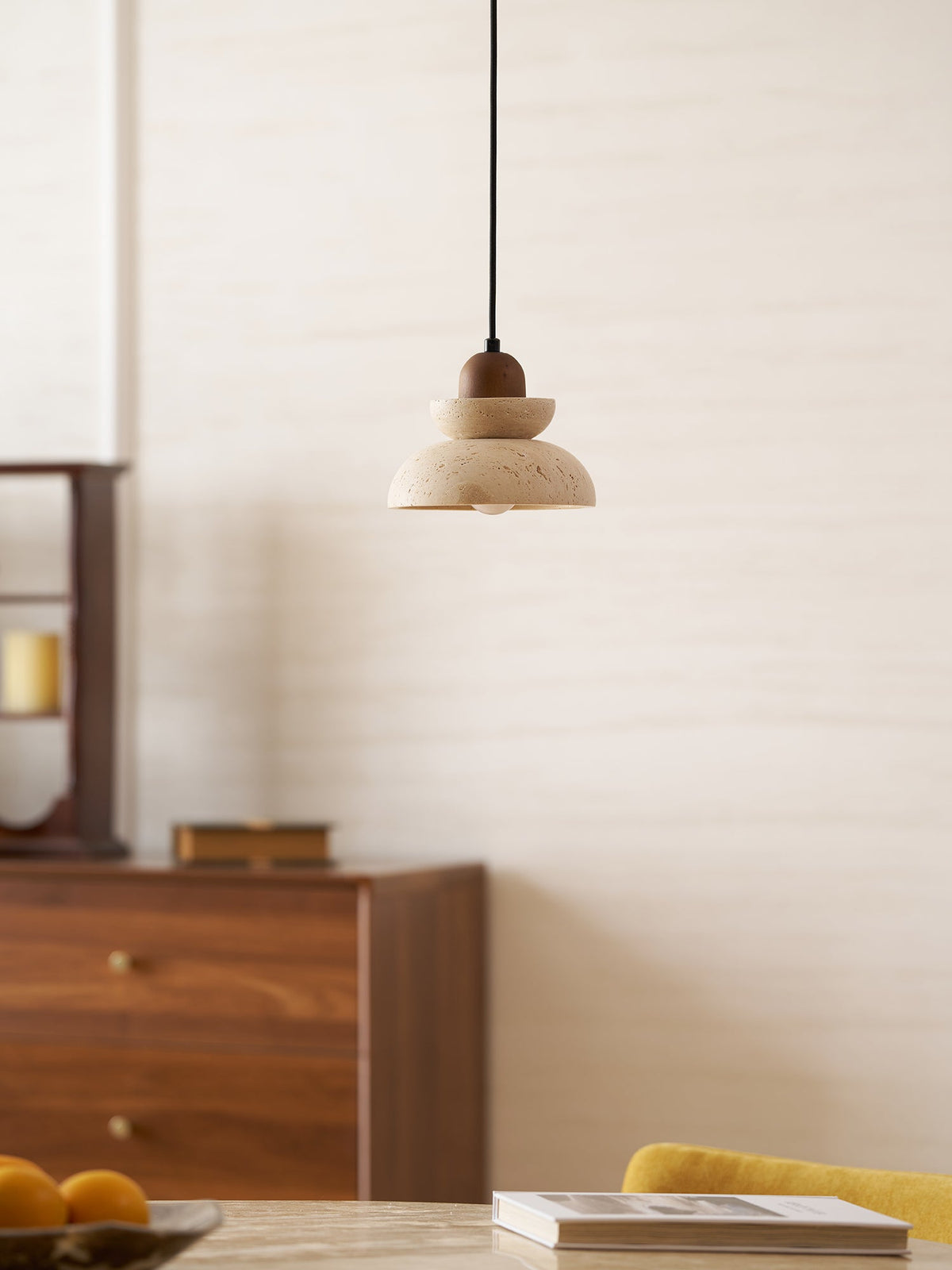 Zenith Tier Pendant Light in Natural Travertine and Walnut