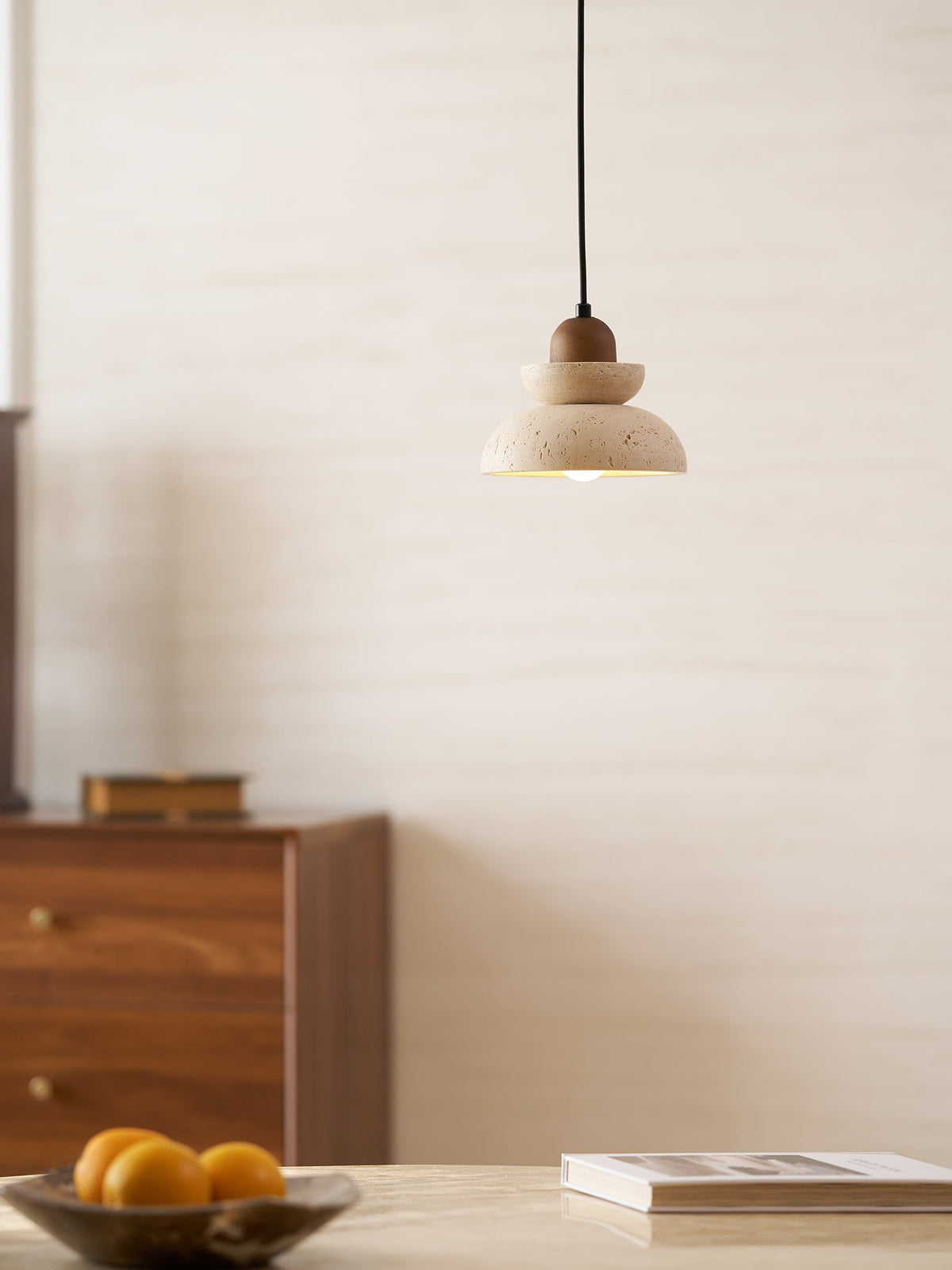 Zenith Tier Pendant Light in Natural Travertine and Walnut