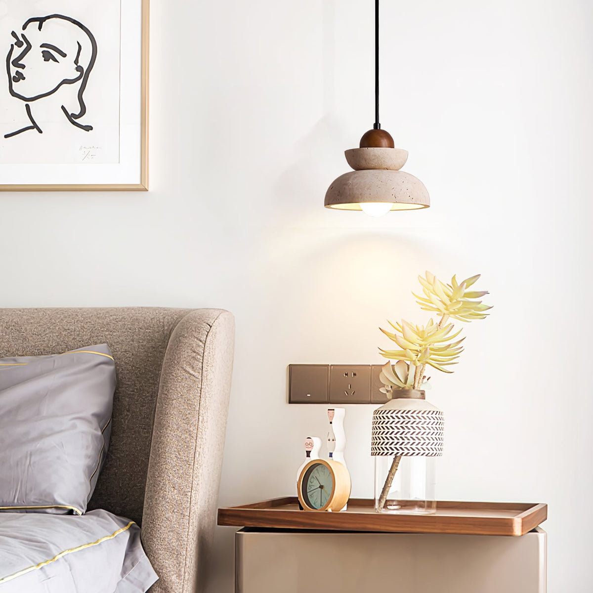 Zenith Tier Pendant Light in Natural Travertine and Walnut