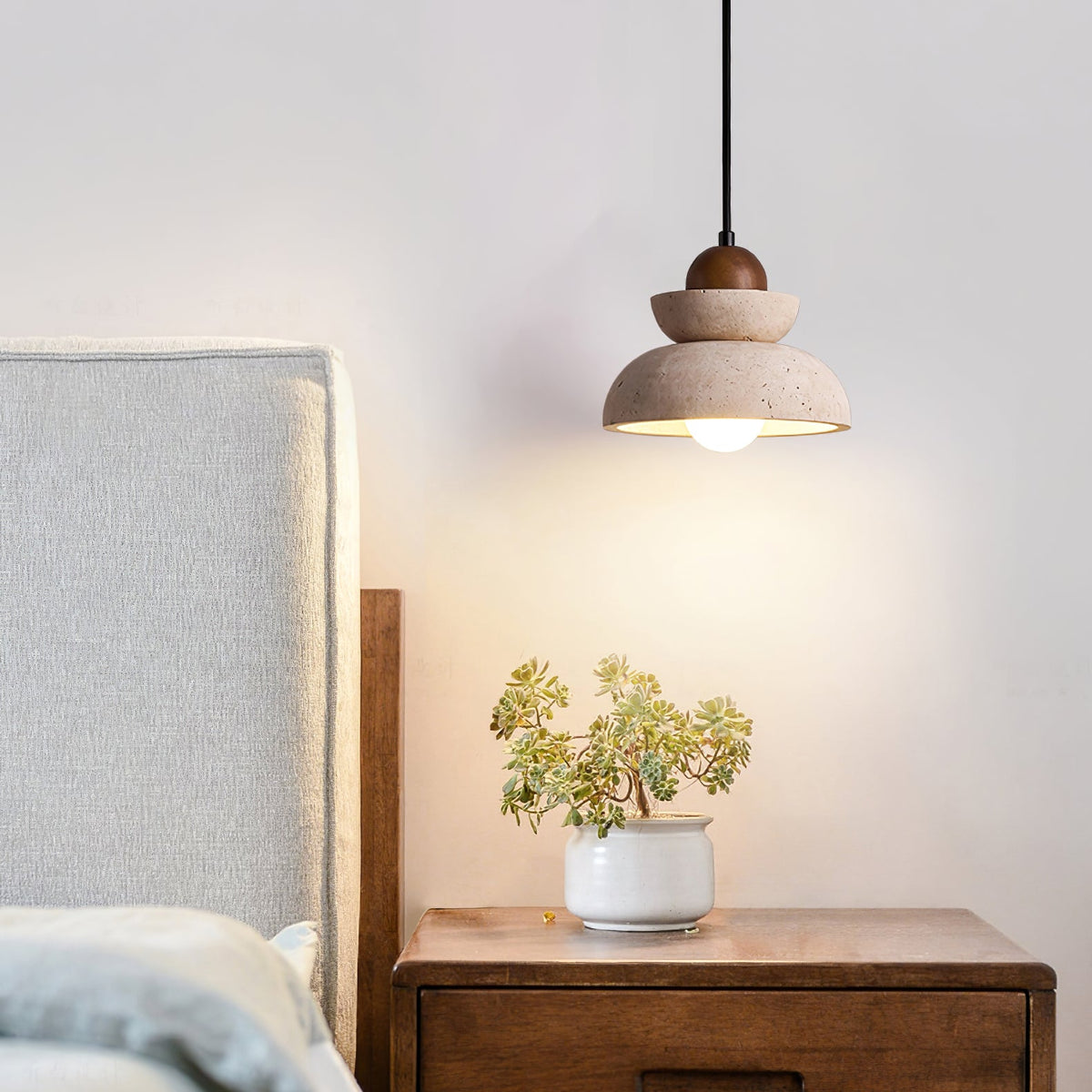 Zenith Tier Pendant Light in Natural Travertine and Walnut