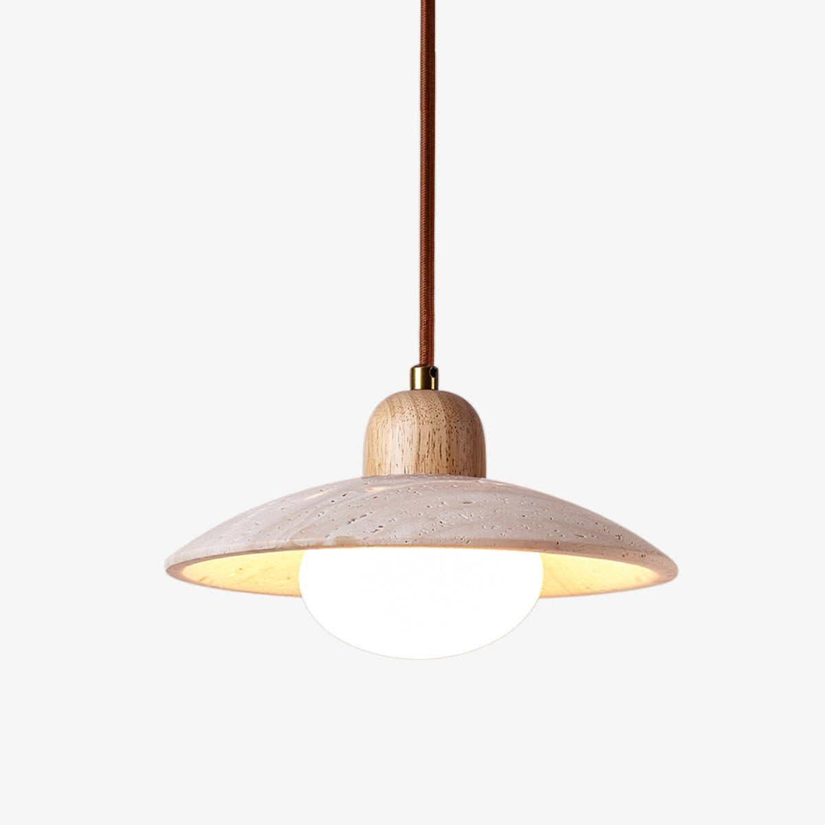 Travertine Dome Pendant Light – Natural Stone & Wood Hanging Lamp