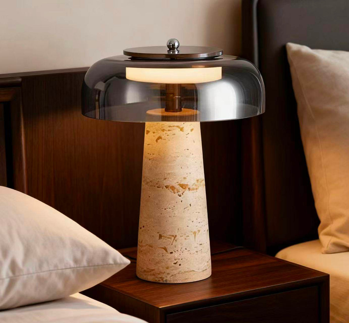 Strata Table Lamp in Yellow Travertine with Smoked Glass Shade