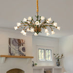 Vintage French Country Floral Iron Chandelier with Glass Shades