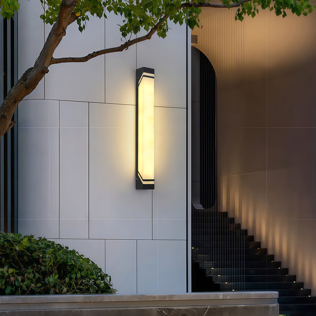 Modern Outdoor Linear Wall Light in Sand Brown Stainless Steel with Marble Shade