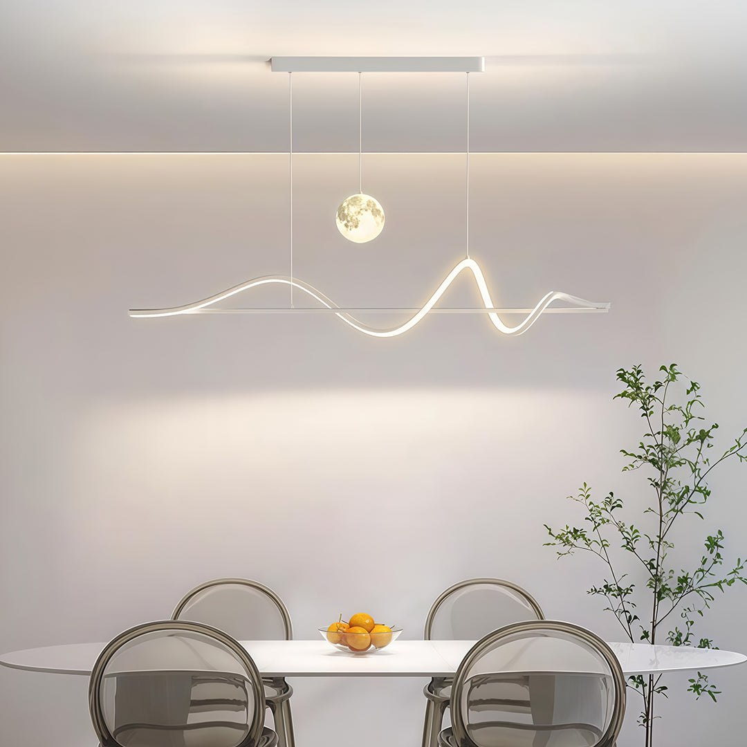 Art Deco Moon Pendant Light with Adjustable Chain, Dimmable LED Linear Suspension