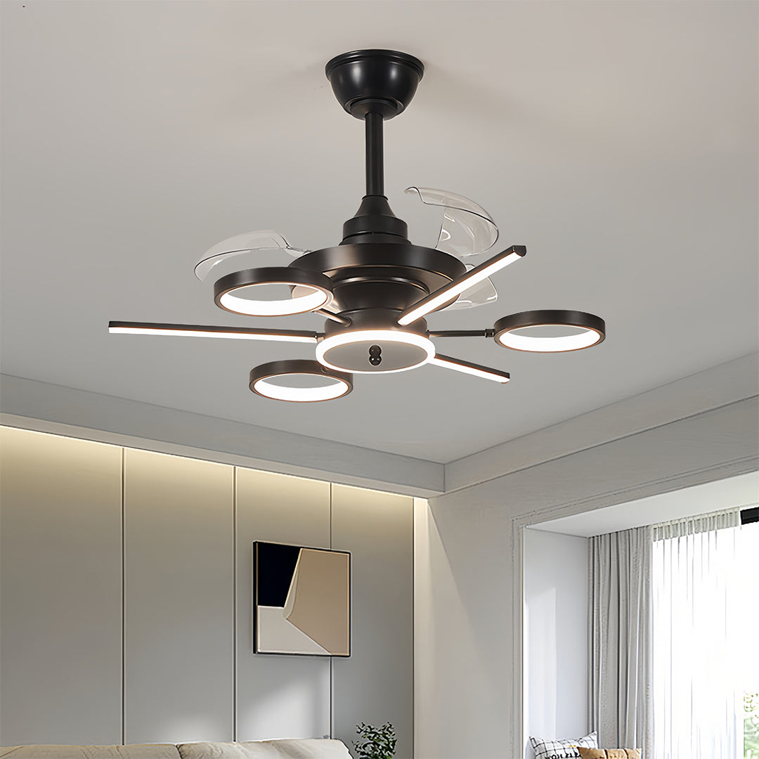 French Vintage Black Iron Ceiling Fan with 7-Light LED Fixture