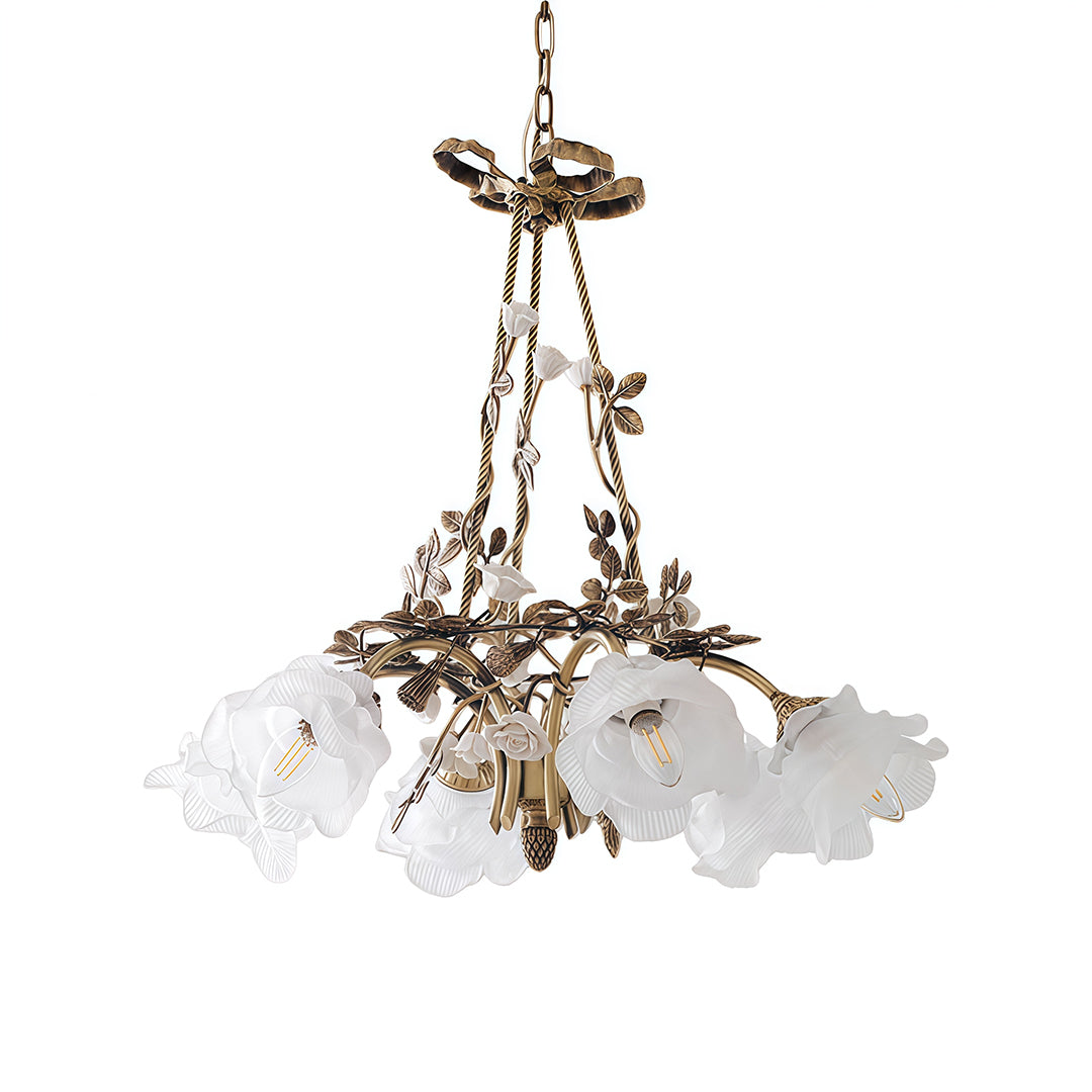 Aurelia Floral Brass Chandelier with White Glass Petals