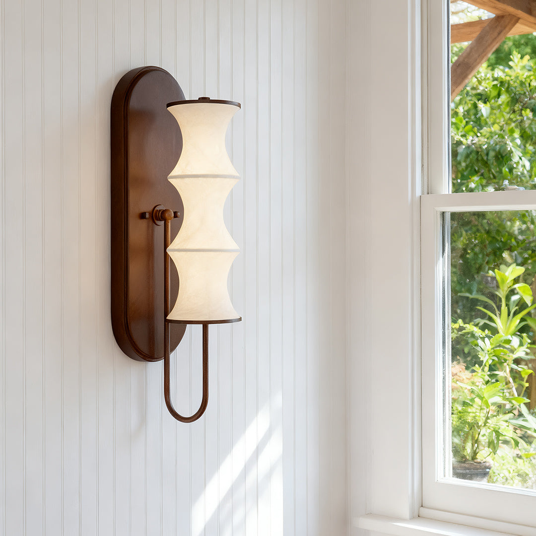 French Vintage Bamboo Silk Wall Sconce with Walnut Metal Accents