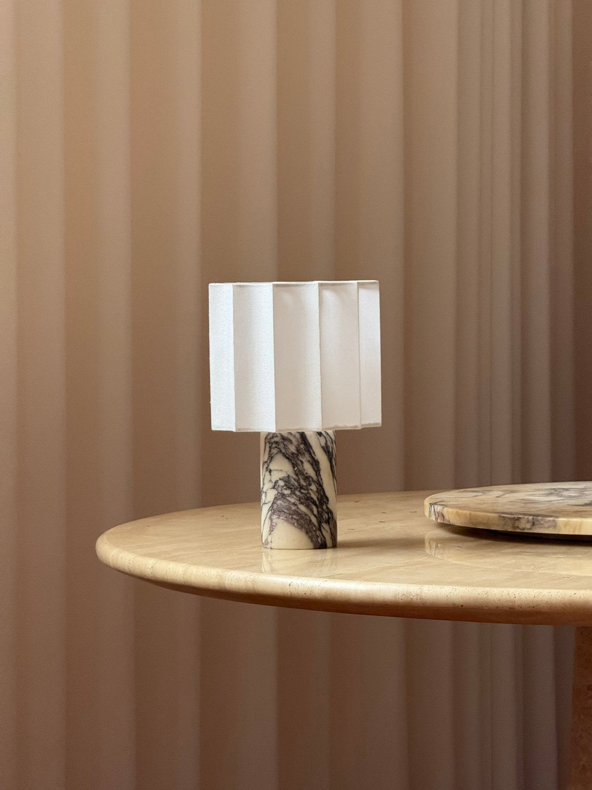 Orbis Veil Table Lamp – Sculptural Marble LED Lamp with Pleated Fabric Shade