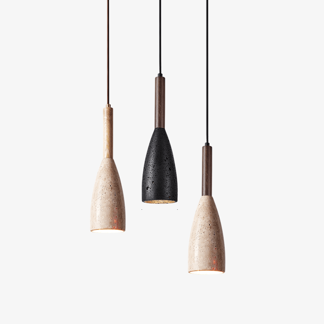 Travertine Teardrop Pendant Light — Natural Stone & Wood Designer Ceiling Lamp