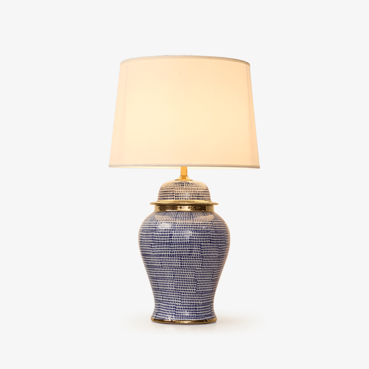 Indigo Dot Ceramic Table Lamp with Brass Accents and Fabric Shade