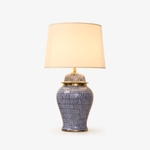 Indigo Dot Ceramic Table Lamp with Brass Accents and Fabric Shade
