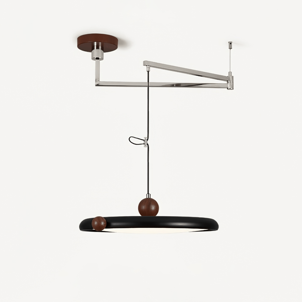 Orbit Line Swing Arm Pendant Light – Modern LED Ceiling Lamp with Wood Accents