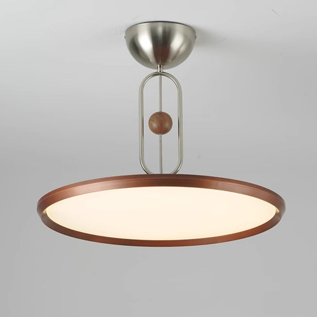 Orbito Semi Flush Ceiling Light in Walnut Wood Grain and Nickel