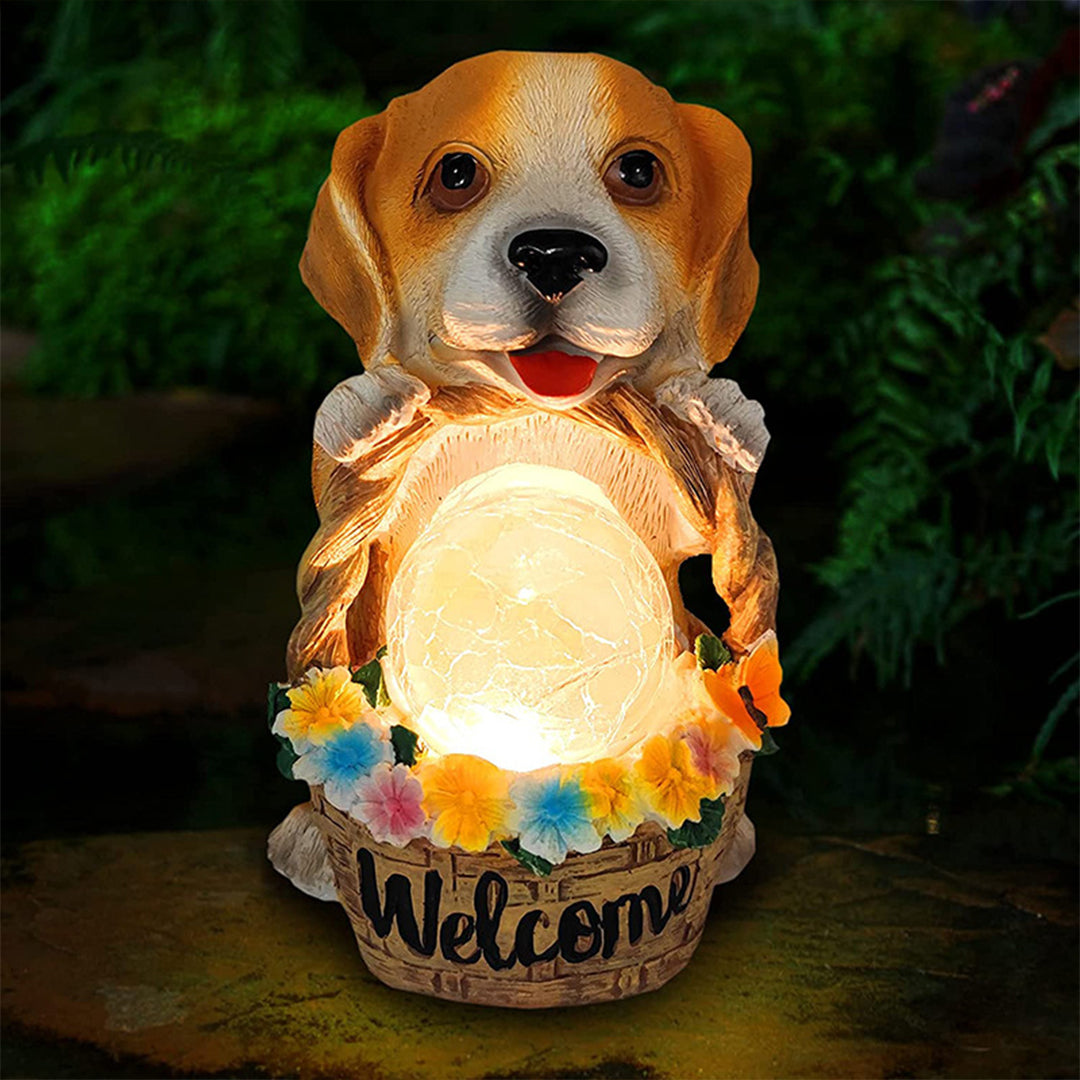 Solar-Powered Resin Puppy Garden Light with Flower Basket