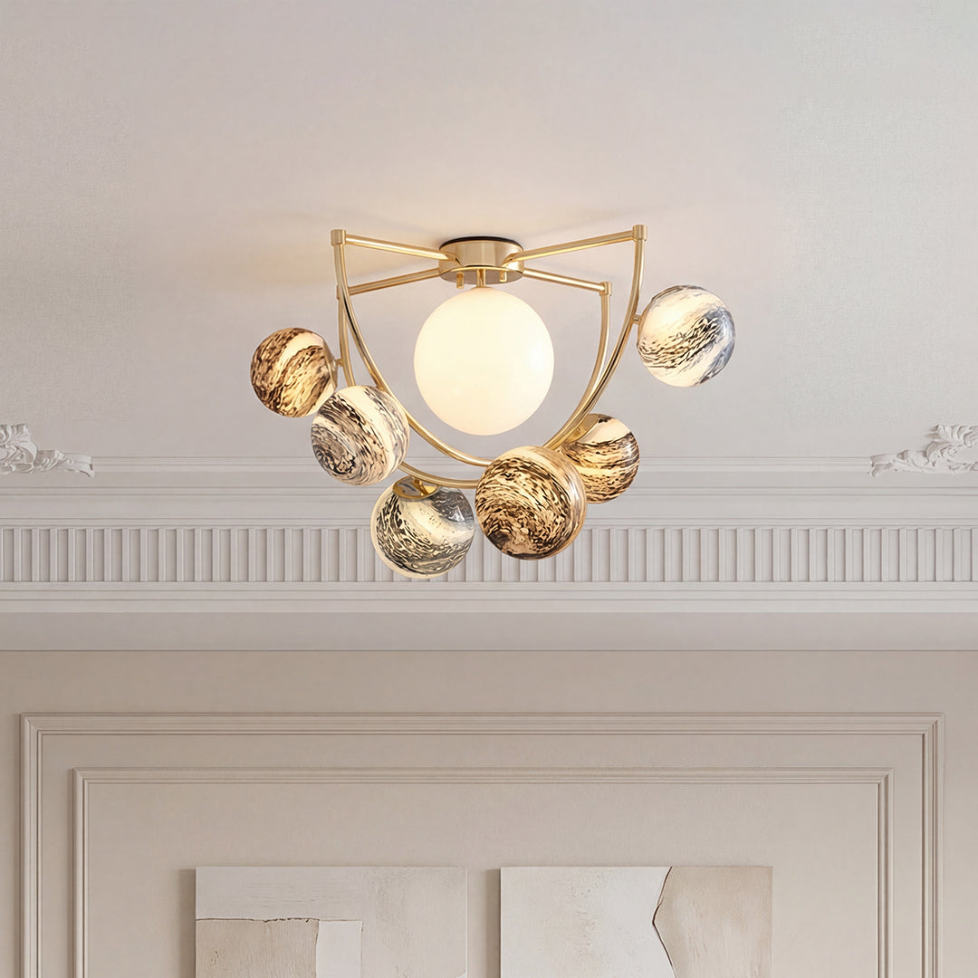 Gold Planet Semi Flush Ceiling Light – Modern Art Glass Shade
