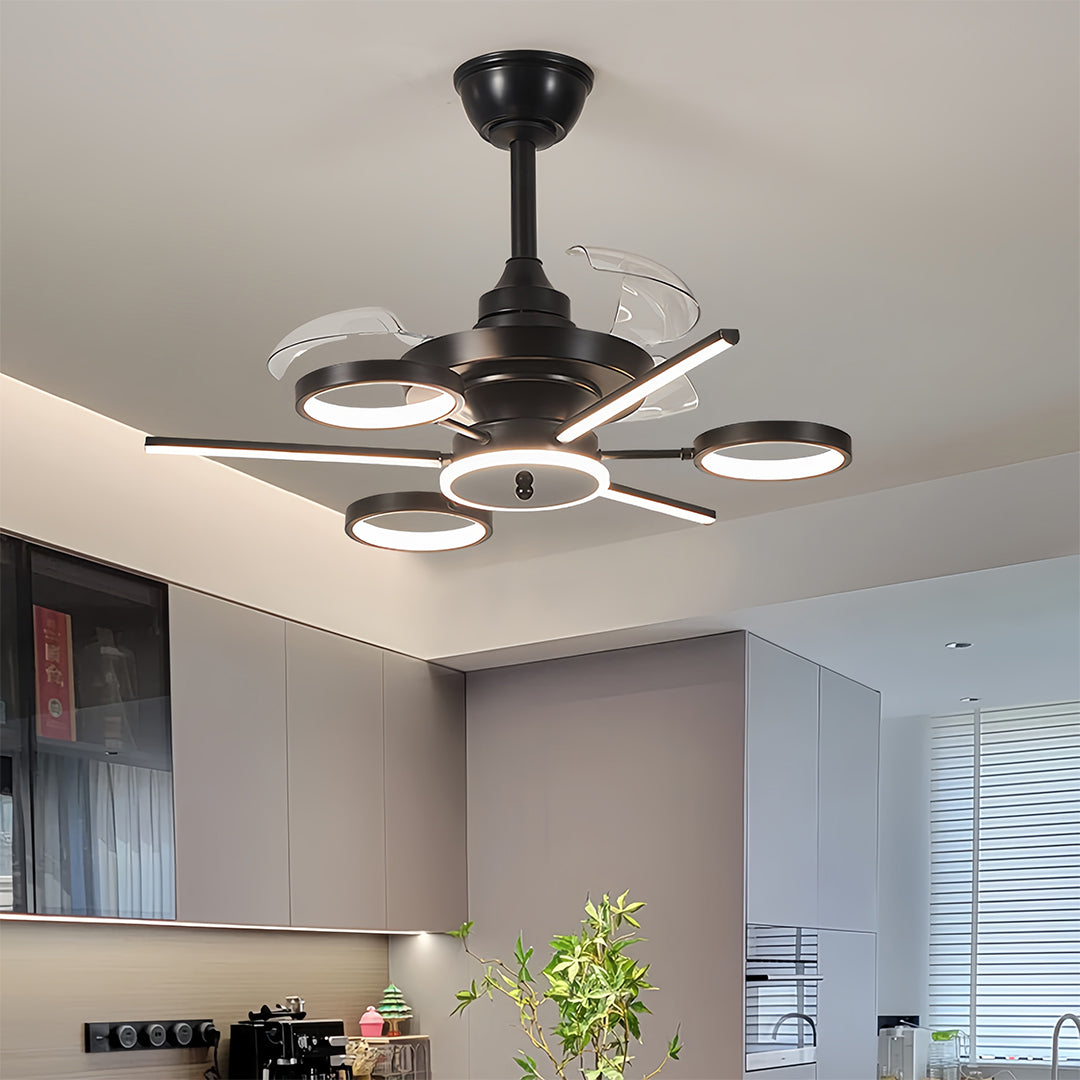 French Vintage Black Iron Ceiling Fan with 7-Light LED Fixture