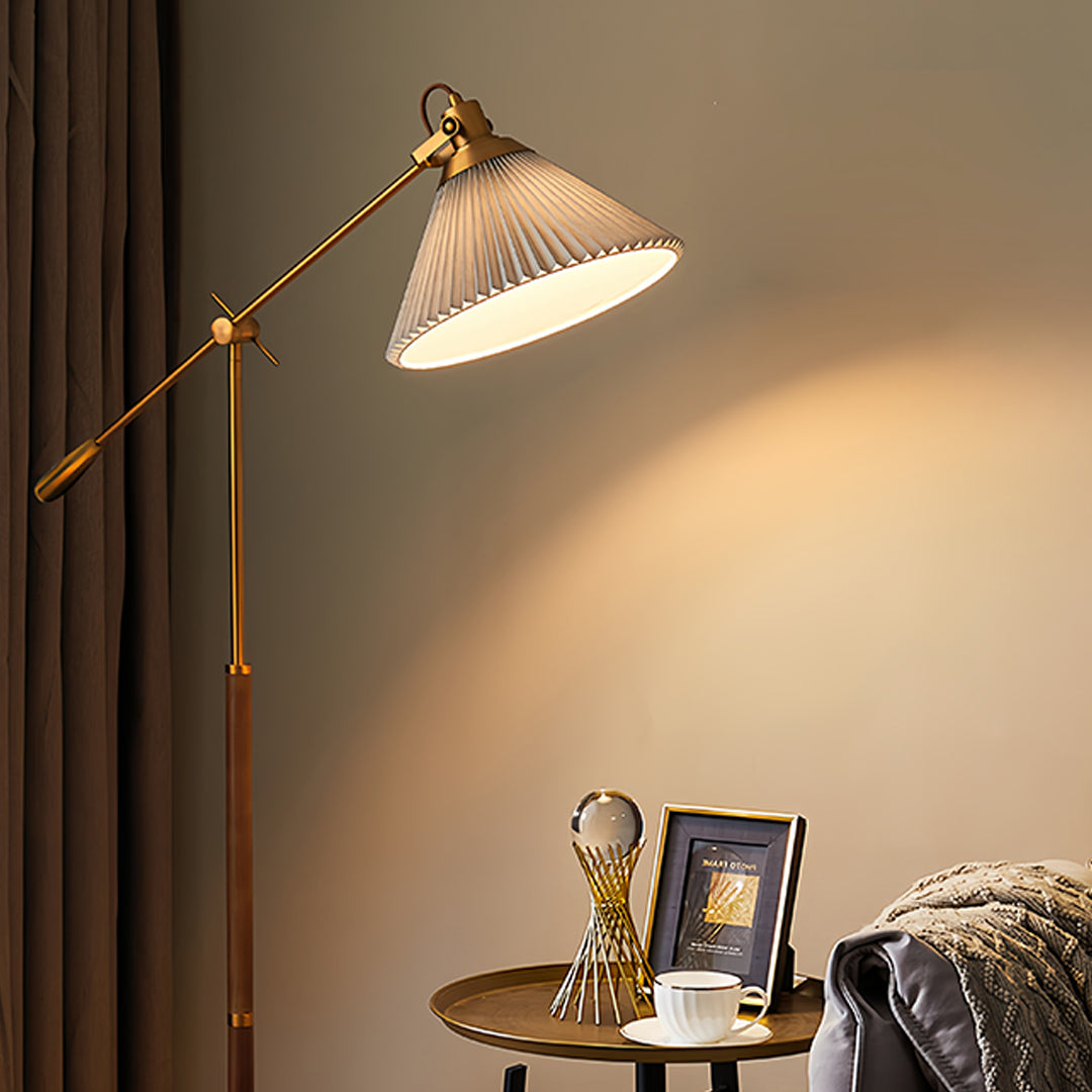 Swing Arm Floor Lamp with Pleated Shade and Solid Ash Wood Base