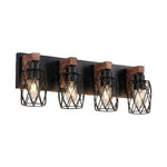 Black Metal Cage Vanity Light with Walnut Accents for Bathroom Mirror