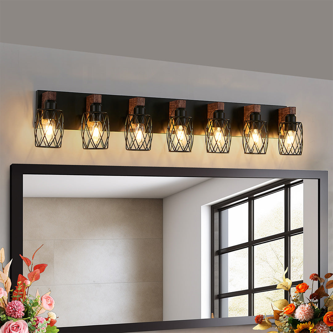 Black Metal Cage Vanity Light with Walnut Accents for Bathroom Mirror