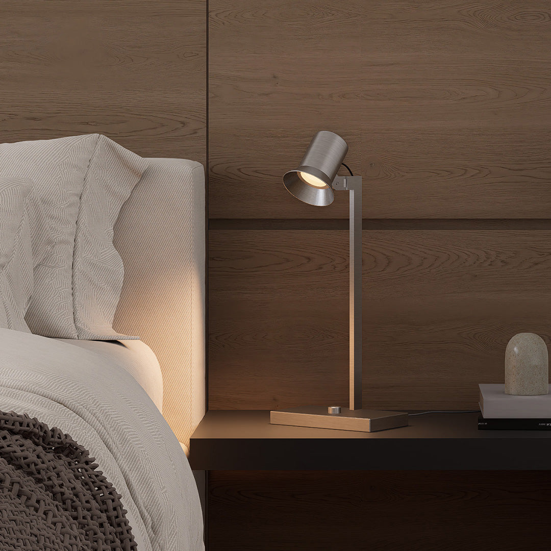 Swing Arm Desk Lamp in Brushed Nickel with Articulated Metal Arm
