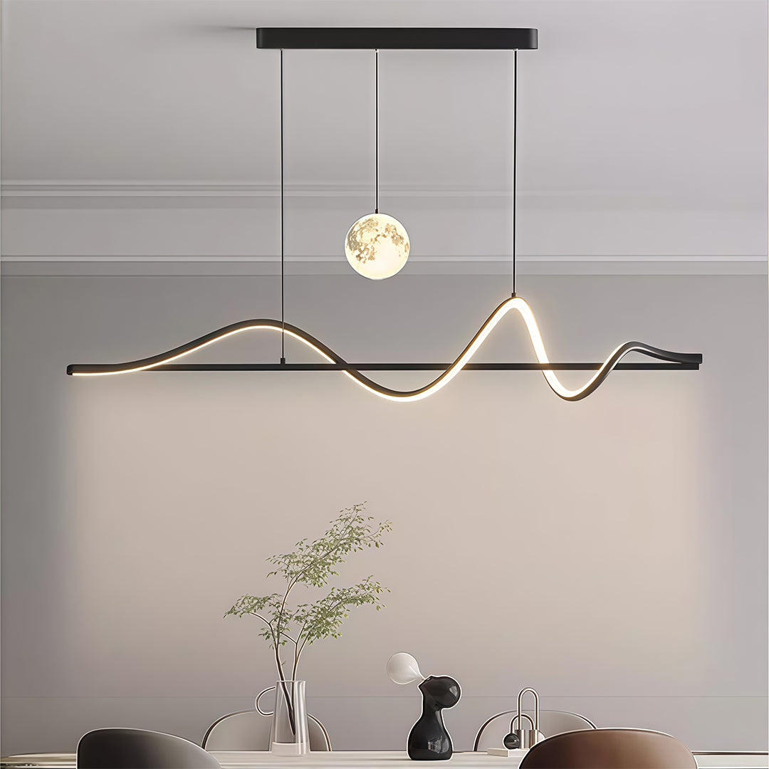 Art Deco Moon Pendant Light with Adjustable Chain, Dimmable LED Linear Suspension