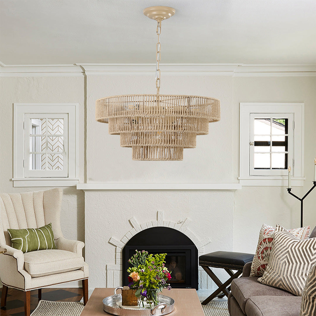 Zen-Inspired Japanese Chandelier with Natural Jute Rope – 6 or 8 Lights