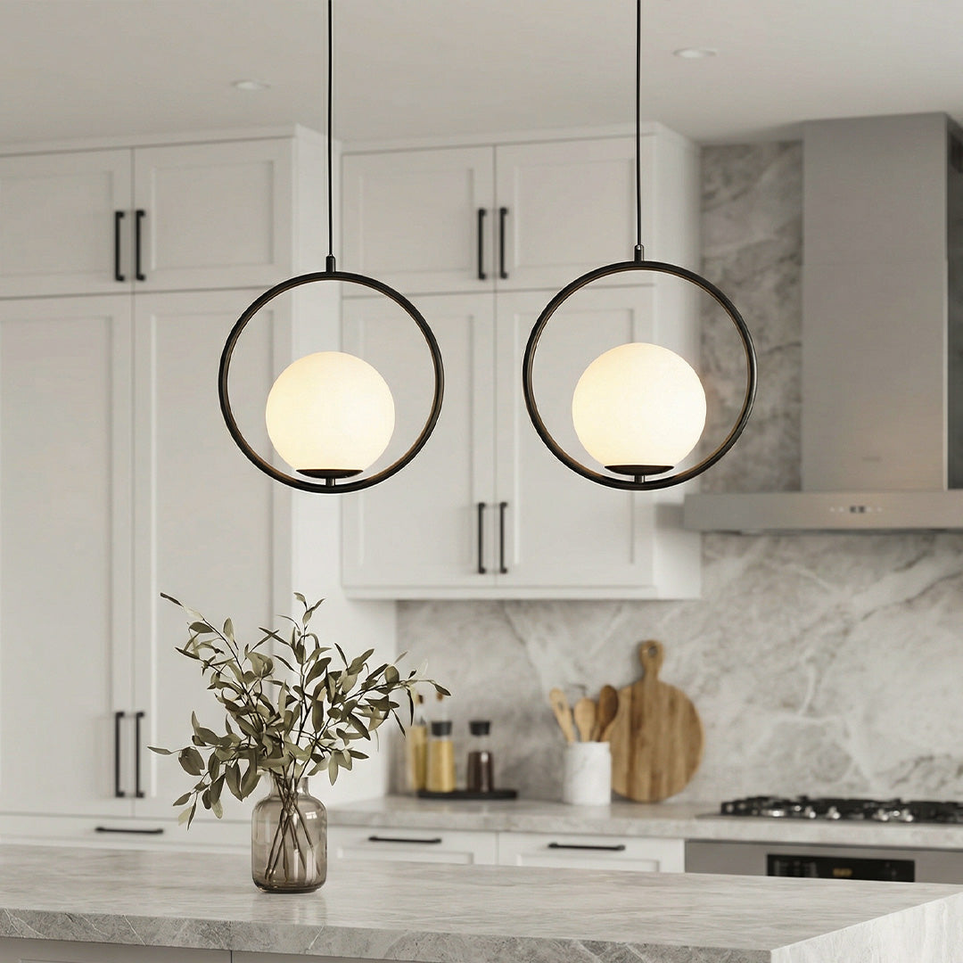 Aurelia Glass Globe Pendant Light in Matte Black Metal Ring
