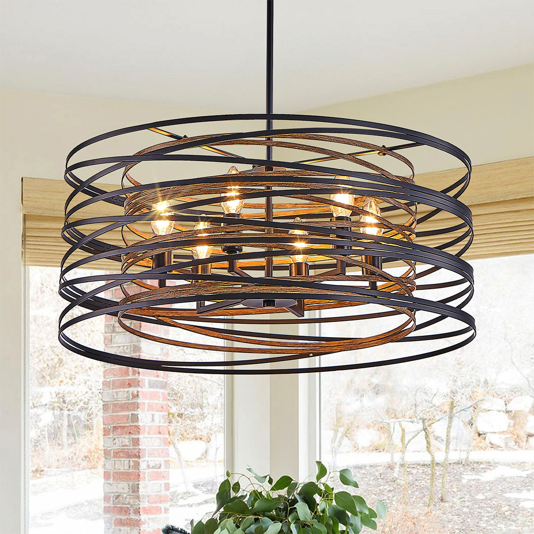 Walnut Accent Black Iron Drum Pendant Light, Adjustable Cylinder Ceiling Lamp