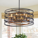 Walnut Accent Black Iron Drum Pendant Light, Adjustable Cylinder Ceiling Lamp