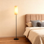 Black Wrought Iron Floor Lamp with Linen Shade, Mid-Century Modern