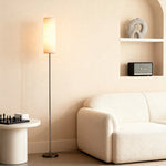 Black Wrought Iron Floor Lamp with Linen Shade, Mid-Century Modern