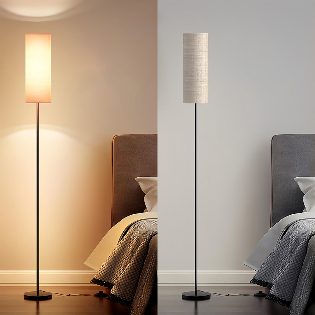 Black Wrought Iron Floor Lamp with Linen Shade, Mid-Century Modern