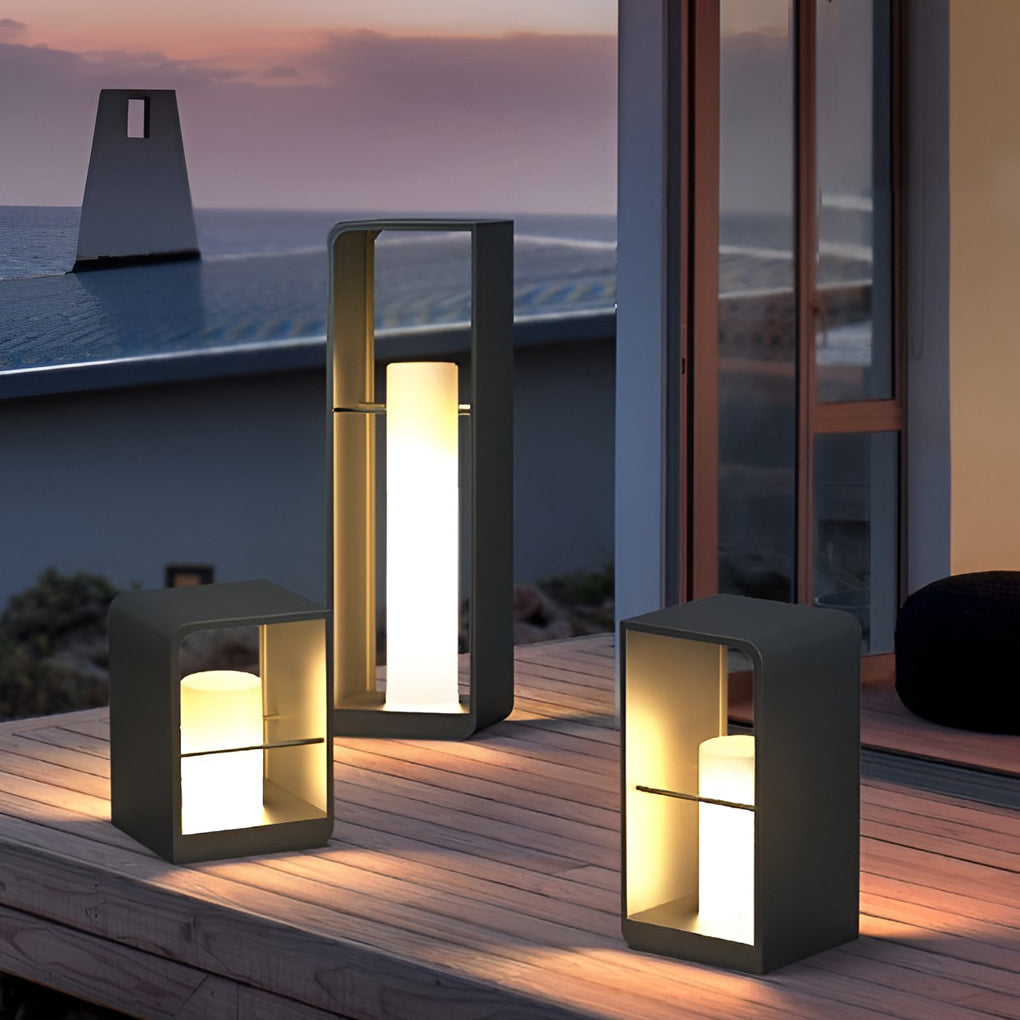 Black Rectangular Outdoor Lantern with Wooden Base