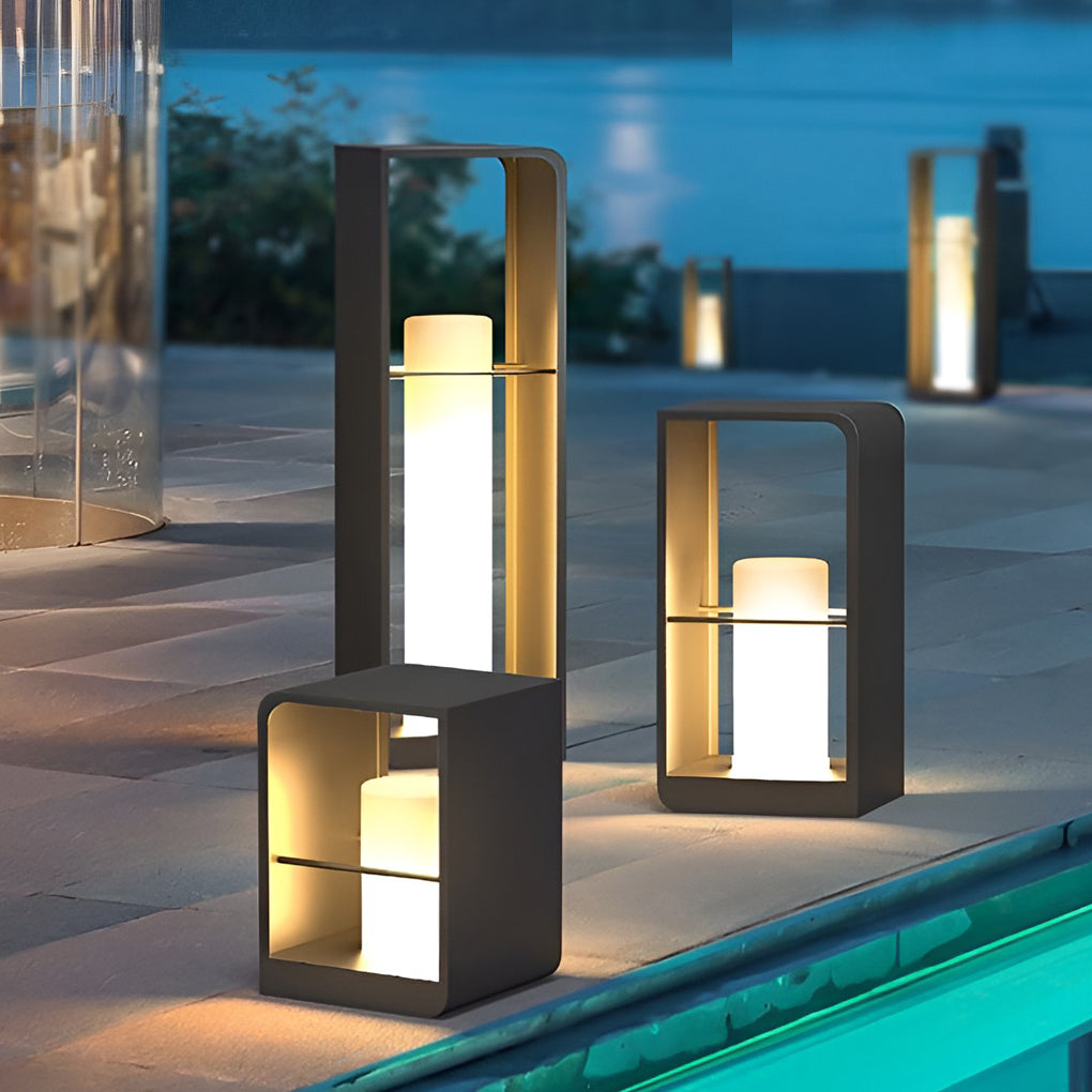 Black Rectangular Outdoor Lantern with Wooden Base