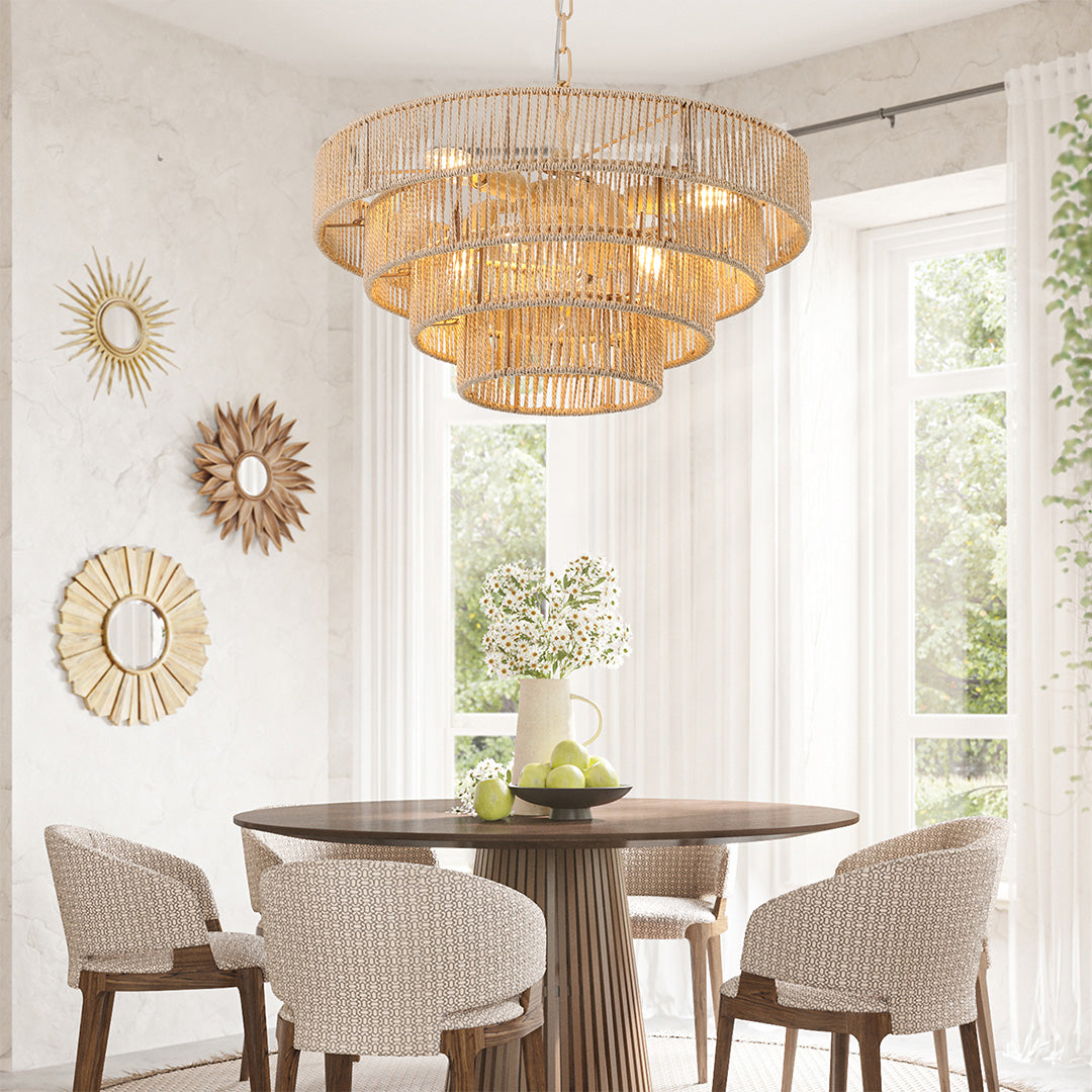 Zen-Inspired Japanese Chandelier with Natural Jute Rope – 6 or 8 Lights