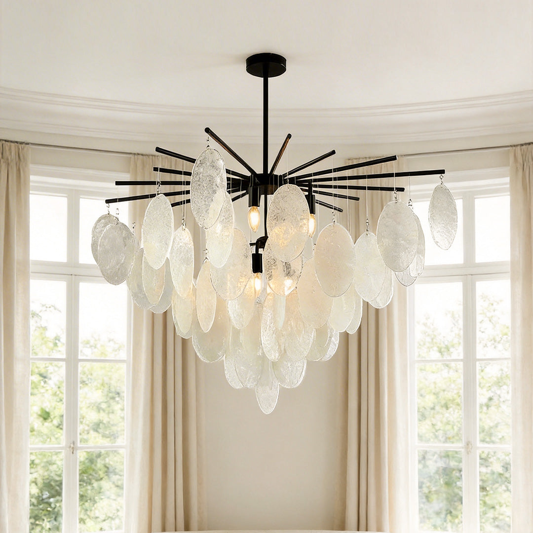 Mother of Pearl Chandelier with Black Metal Frame and Clear Glass Shades
