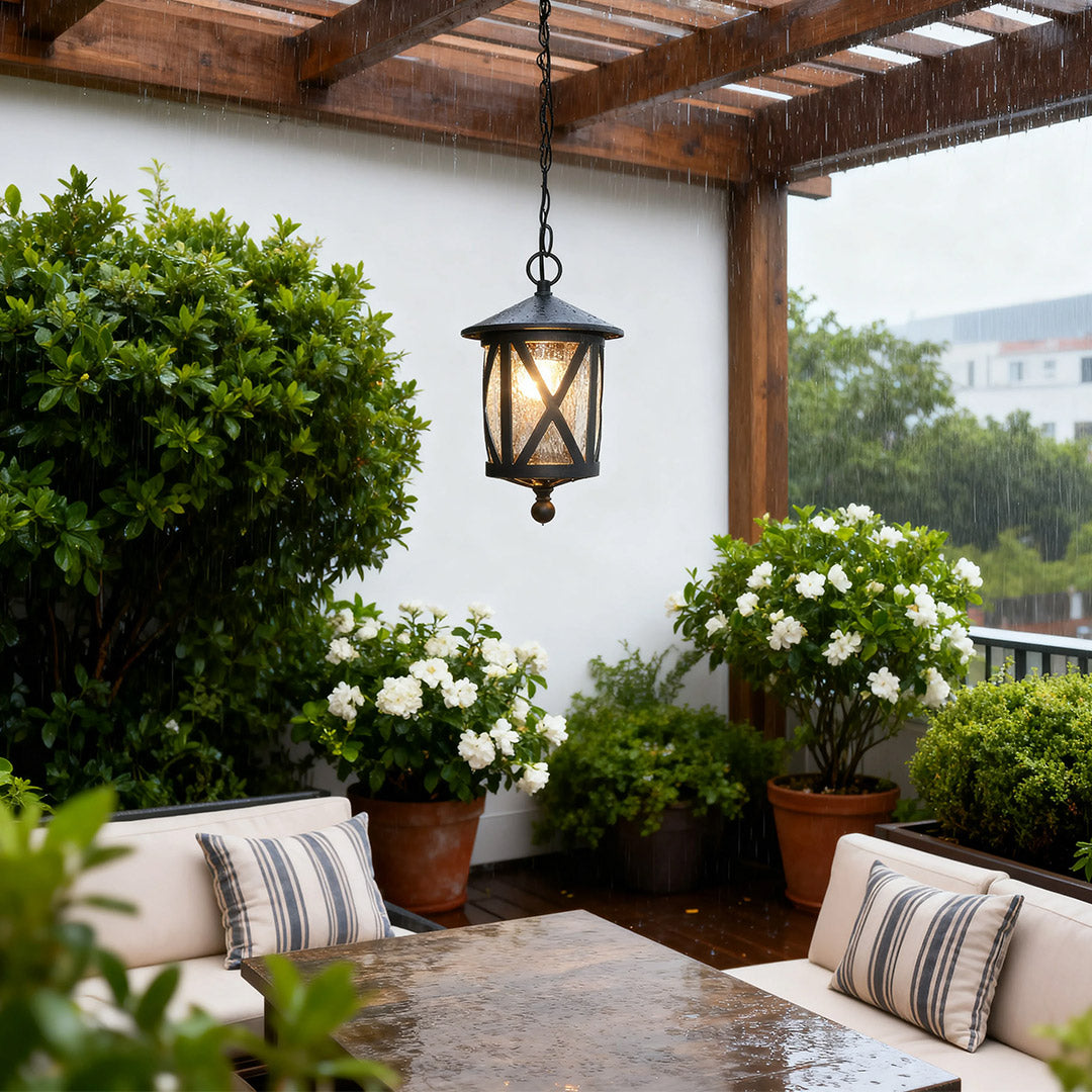 Aria Outdoor Pendant Light – Black Aluminum & Glass Lantern