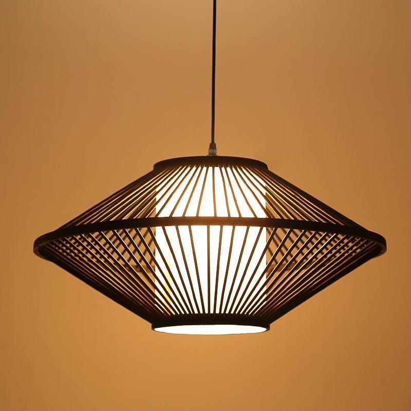 Rattan Pendant Light with Radiating Bamboo Frame – Black Finish