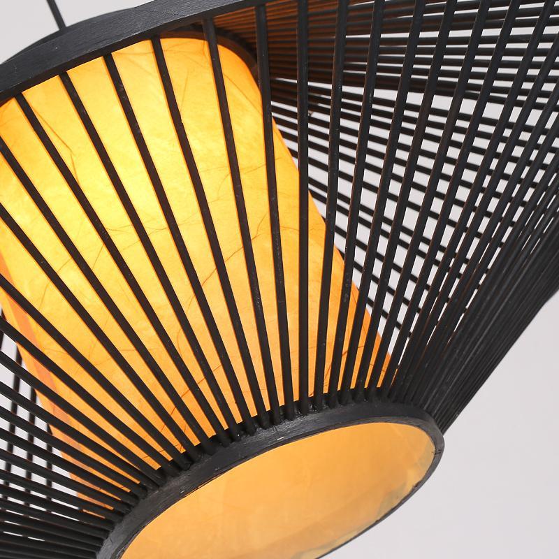 Rattan Pendant Light with Radiating Bamboo Frame – Black Finish