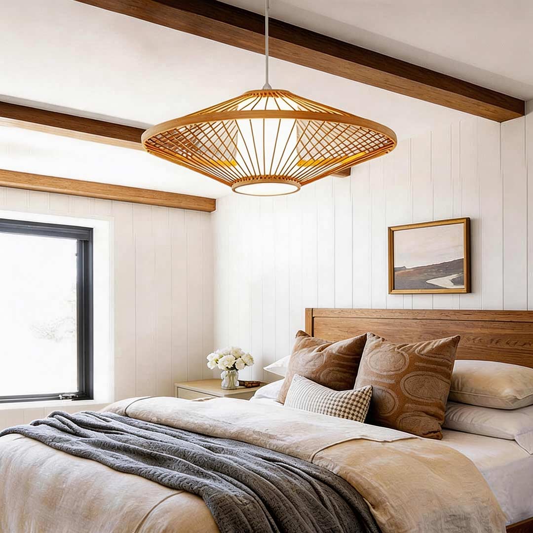 Rattan Pendant Light with Radiating Bamboo Frame – Black Finish