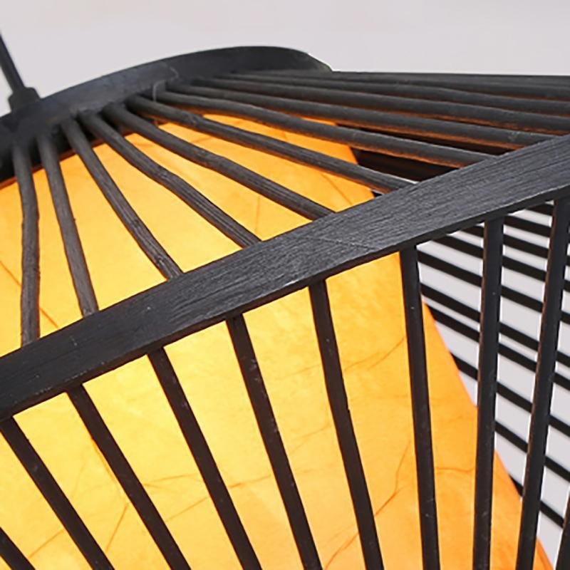 Rattan Pendant Light with Radiating Bamboo Frame – Black Finish