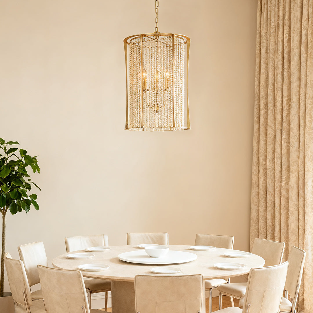 Handcrafted Wood Bead Chandelier with Gold Finish, 3-Light Candle Sockets