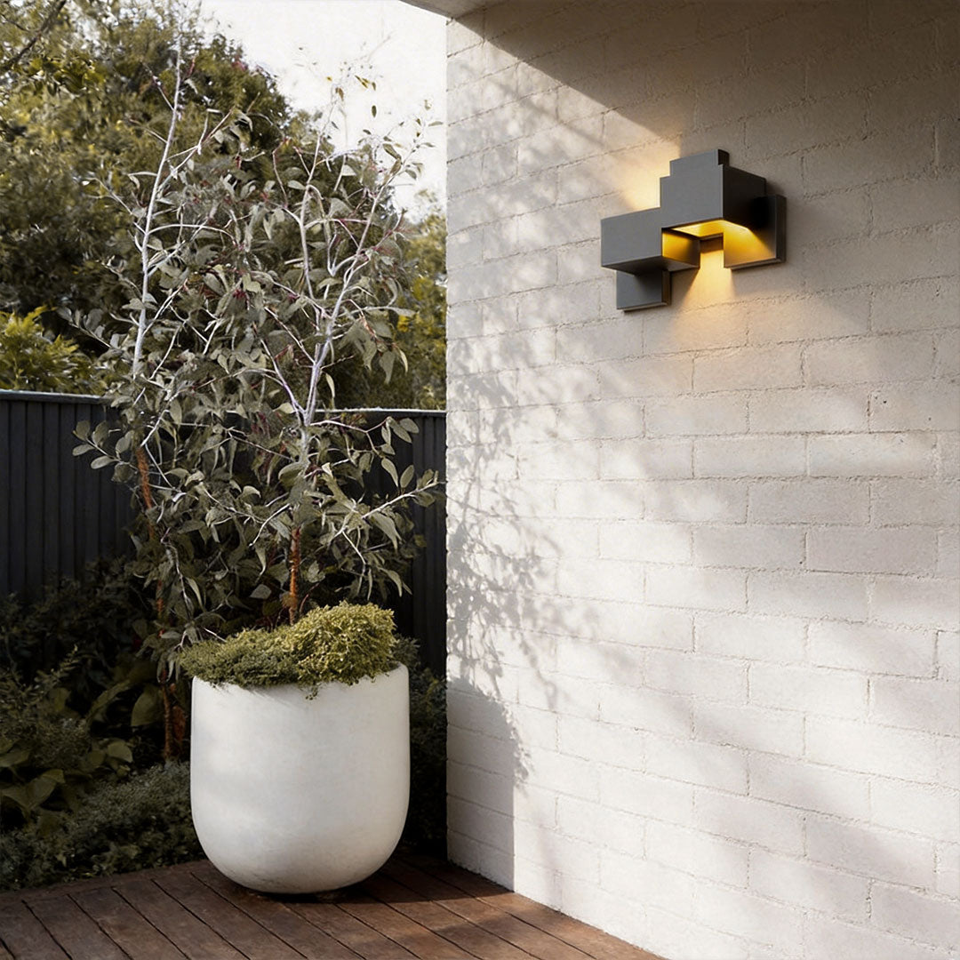 Geometric Black Up Down Outdoor Wall Sconce with Warm LED Light