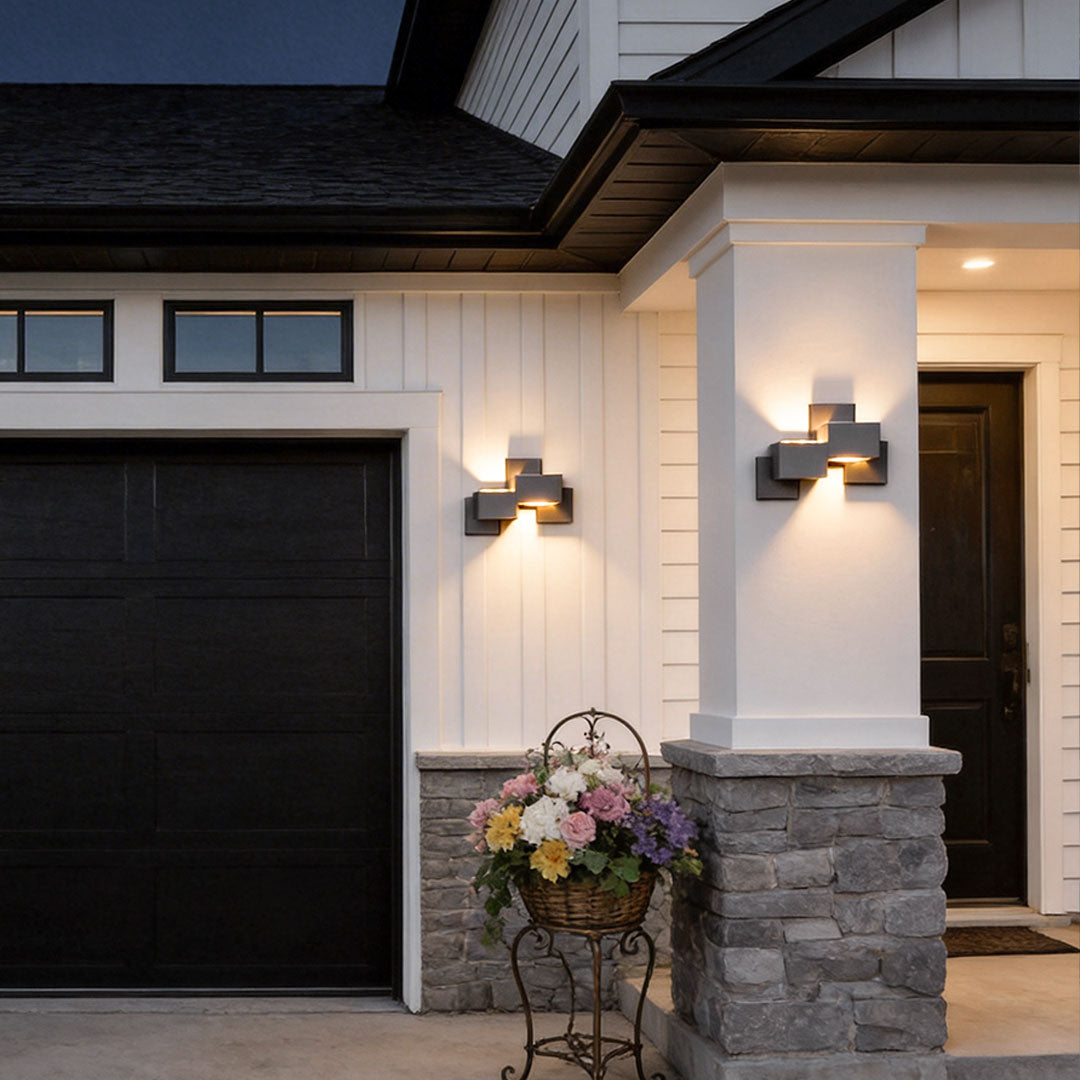 Geometric Black Up Down Outdoor Wall Sconce with Warm LED Light