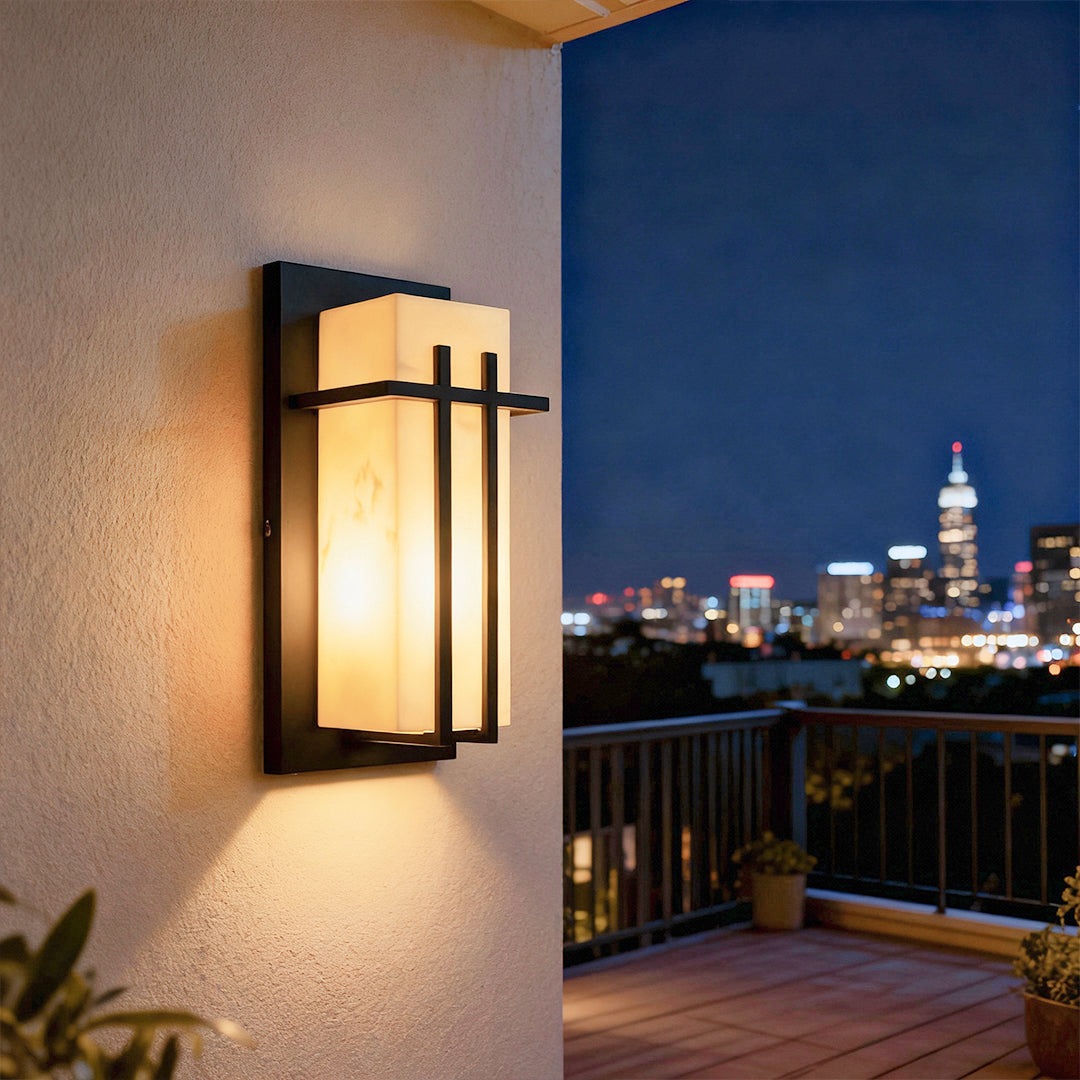 Outdoor Wall Sconce with Faux Marble Shade in Black Stainless Steel